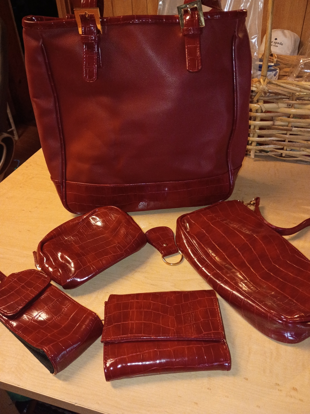 Women's Burgundy Tote Bag Set - 6-Piece Matching Accessories